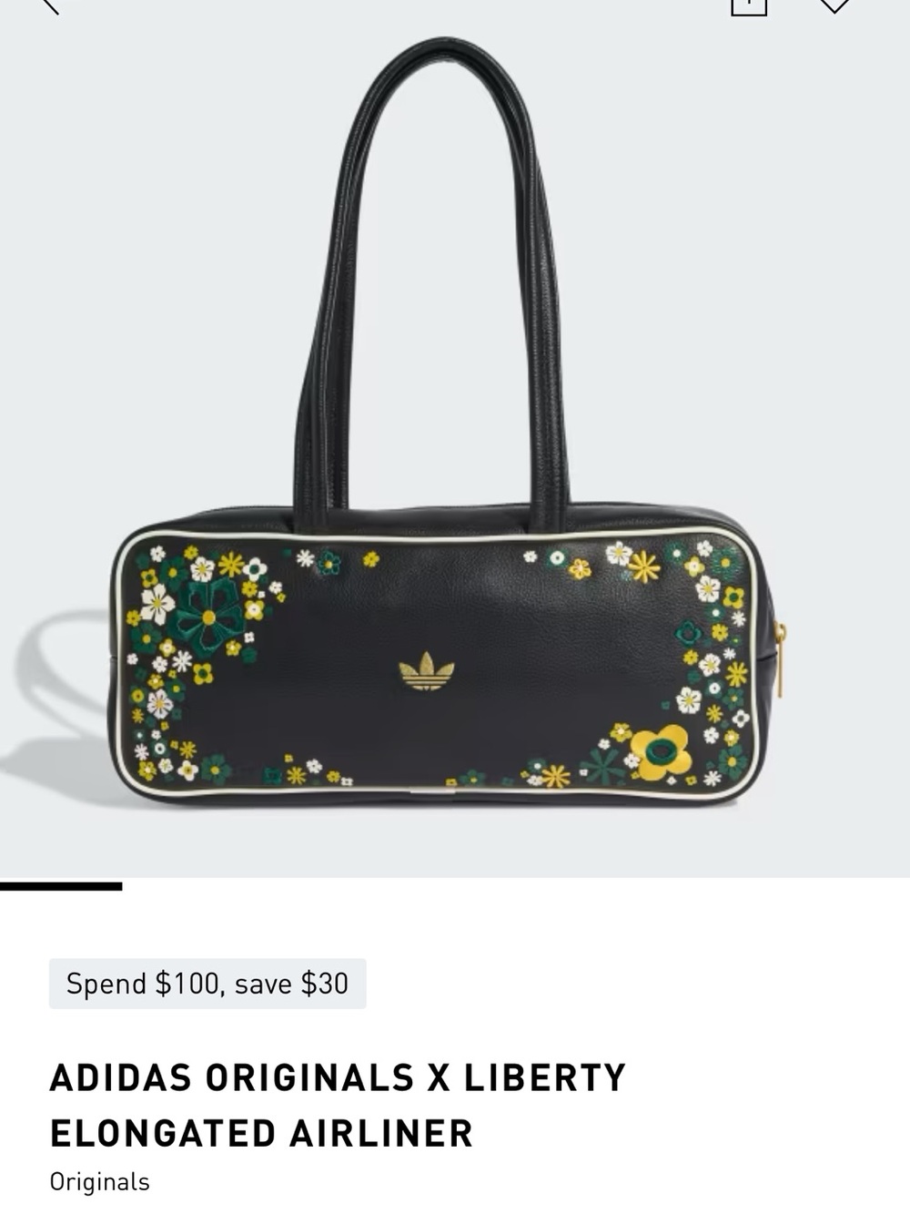Adidas  Originals x Liberty Black Floral Elongated Airliner Shoulder Bag, NWT